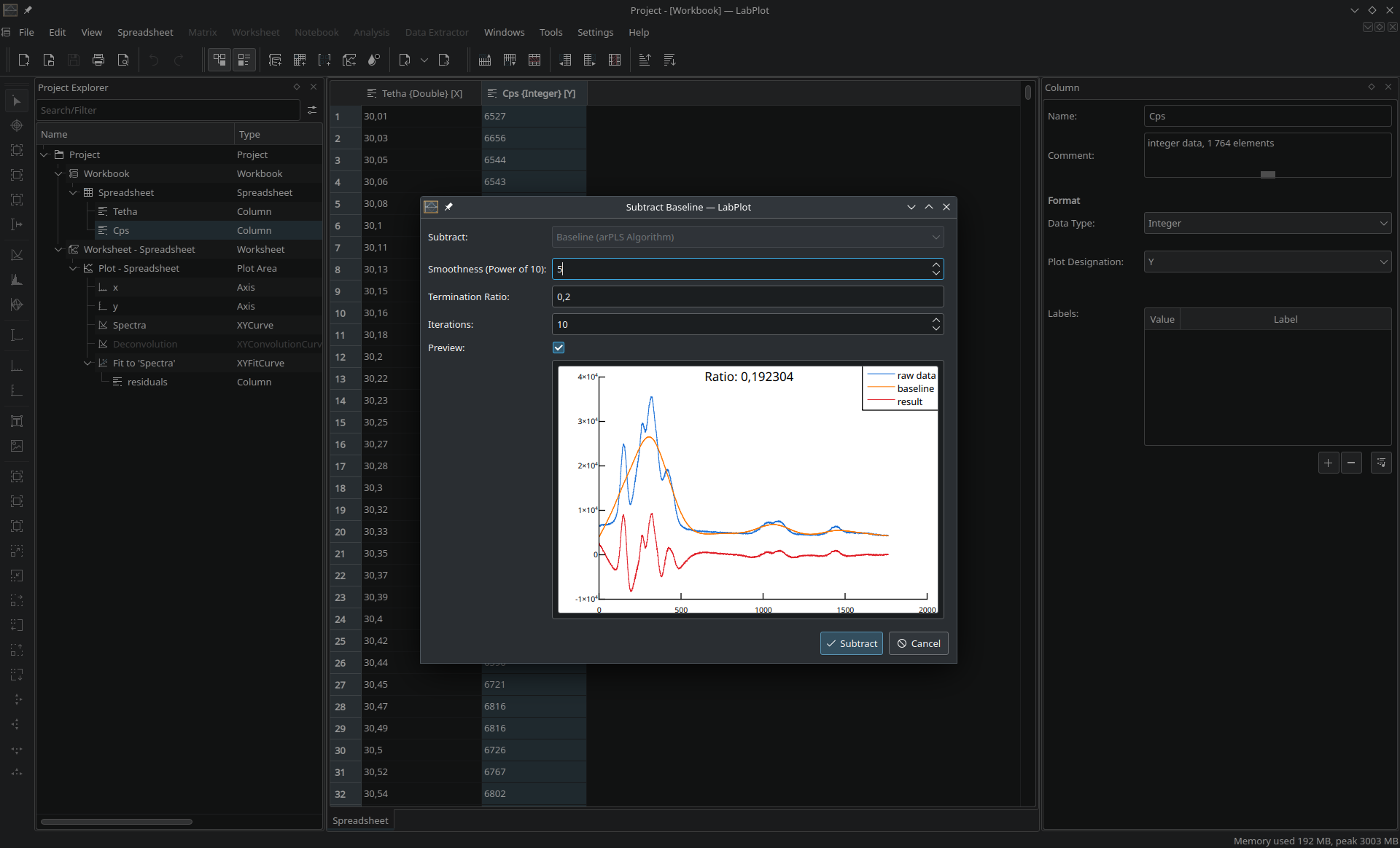 Baseline Subtraction using arPLS