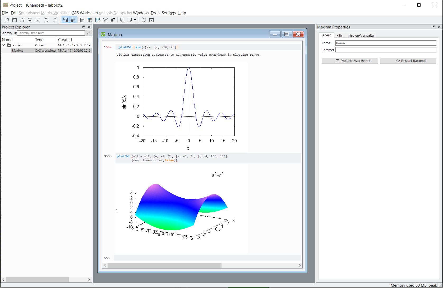 Maxima worksheet in LabPlot on Windows
